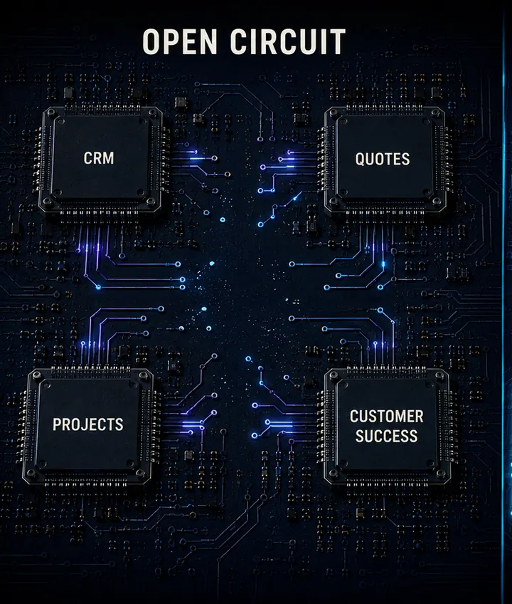 Open circuit: CRM, quotes, projects, and customer success as separate chips with broken connections between them.